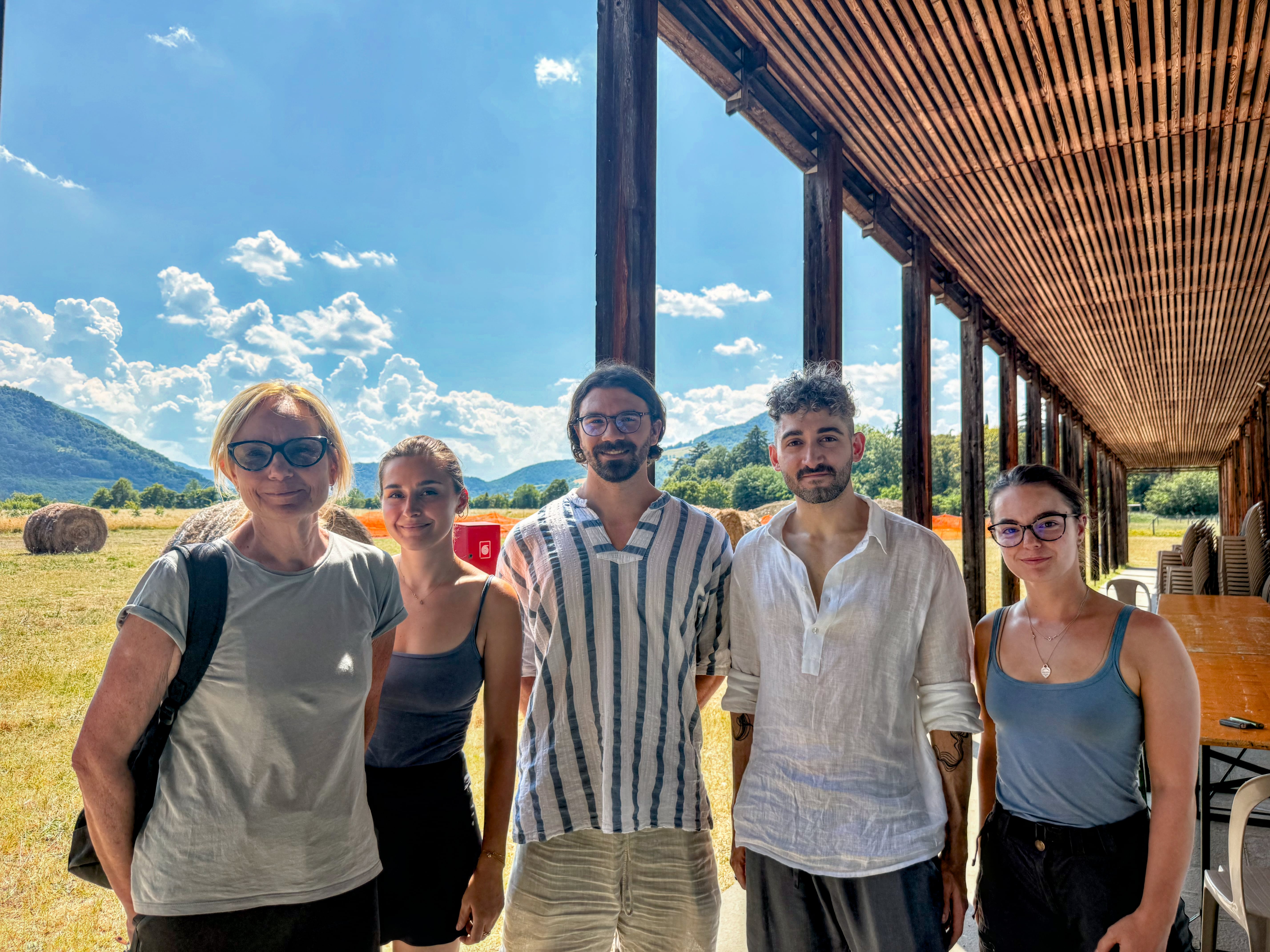 Meeting at Marzabotto with the University of Bologna, 24 June 2026. From left: Elisabetta Govi (University of Bologna), Matilde Guerra (University of Bologna), Lorenzo Andraghetti (The Good AI Lab), Pier Luigi Dovesi (The Good AI Lab), and Chiara Albazzi (University of Bologna)