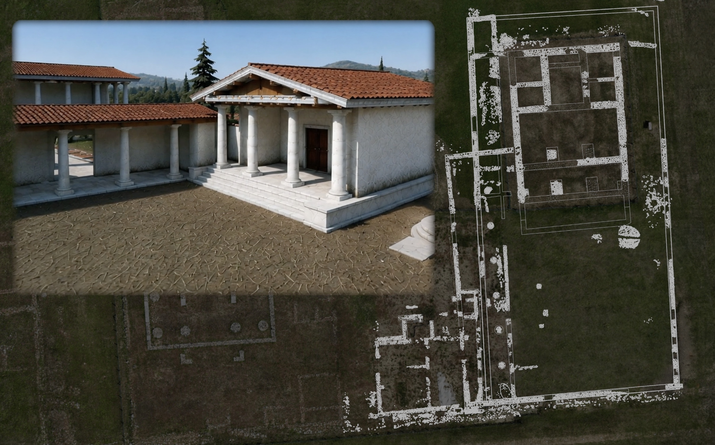 A frame from the museum video combining a reconstructed view of the Sanctuary of Uni with the archaeological plan of the site
