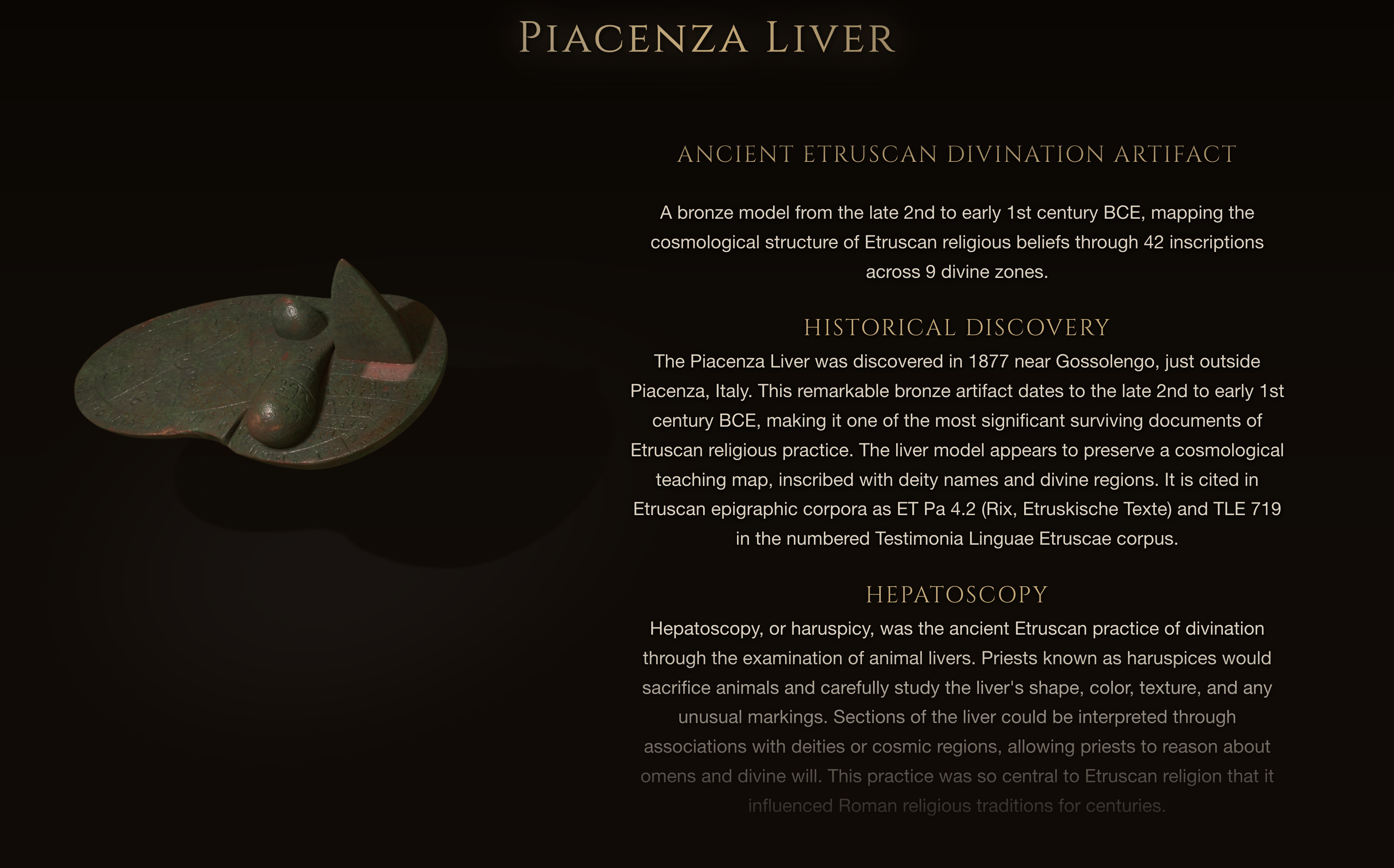 About page of piacenzaliver.com with the 3D liver model beside historical context on the artifact and hepatoscopy